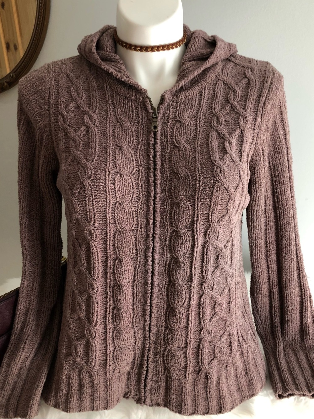 Sonoma Brown Cozy Cable Zip Front Hoodie Sweater Size Large